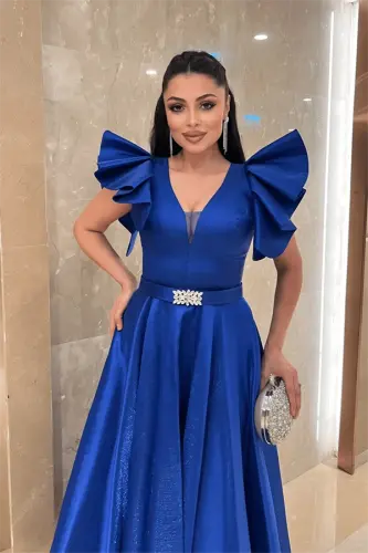 Taffeta Fabric Shoulder Ruffle Midi Dress - ROYAL BLUE - 3