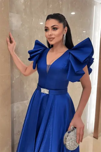 Taffeta Fabric Shoulder Ruffle Midi Dress - ROYAL BLUE - 4