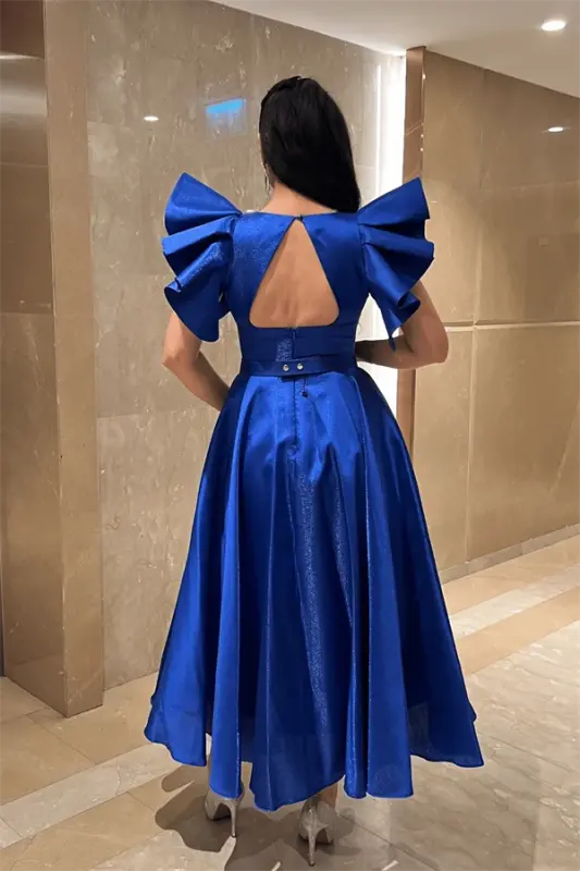 Taffeta Fabric Shoulder Ruffle Midi Dress - ROYAL BLUE - 5
