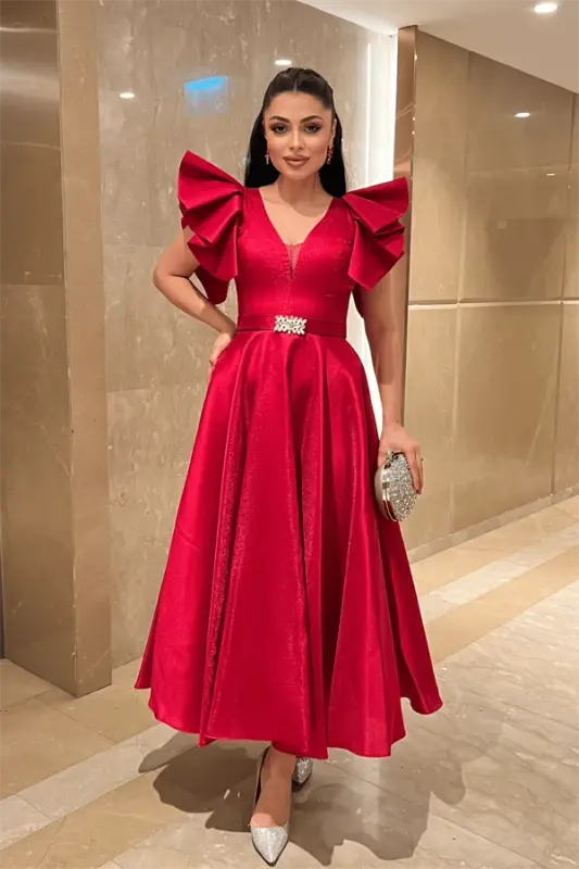 Taffeta Fabric Shoulder Ruffled Midi Dress - RED - BÜYÜKBEDENIZ