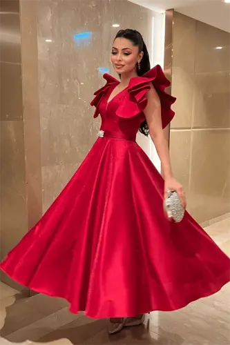 Taffeta Fabric Shoulder Ruffled Midi Dress - RED - BÜYÜKBEDENIZ (1)