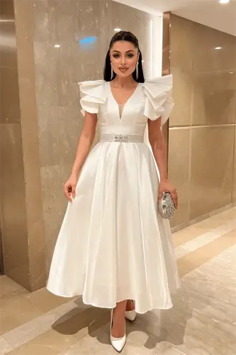 Taffeta Fabric Shoulder Ruffled Midi Dress - WHITE - 1