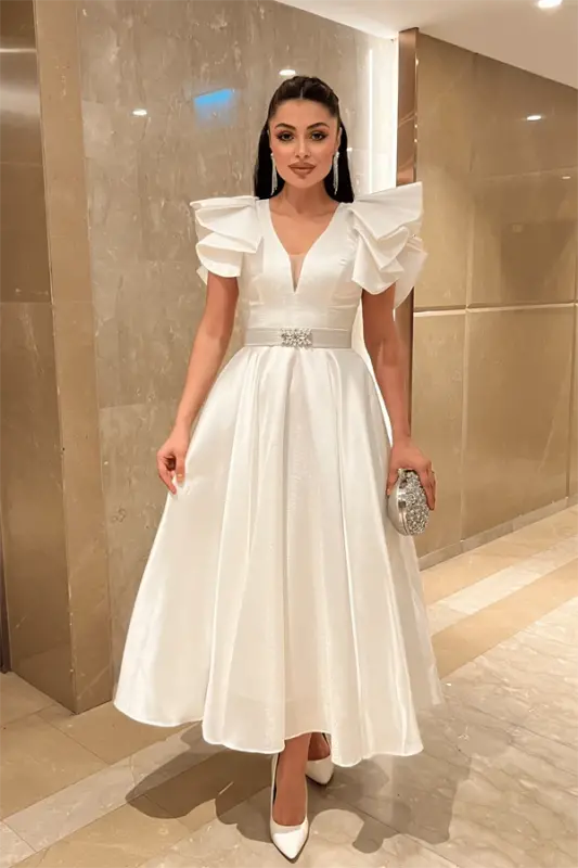 Taffeta Fabric Shoulder Ruffled Midi Dress - WHITE - 1