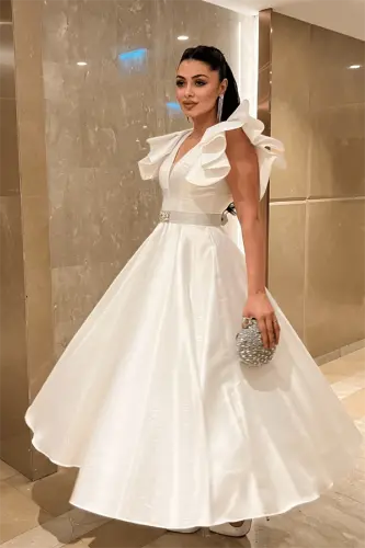 Taffeta Fabric Shoulder Ruffled Midi Dress - WHITE - BÜYÜKBEDENIZ (1)