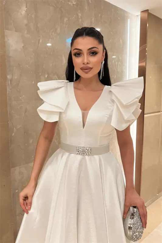 Taffeta Fabric Shoulder Ruffled Midi Dress - WHITE - 3