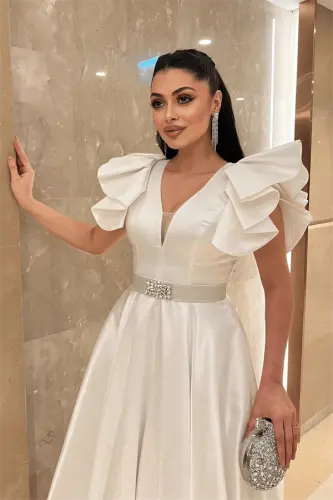 Taffeta Fabric Shoulder Ruffled Midi Dress - WHITE - 4