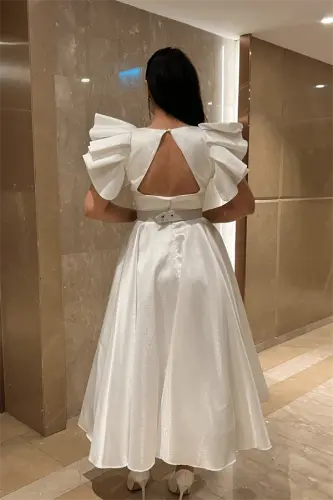 Taffeta Fabric Shoulder Ruffled Midi Dress - WHITE - 5