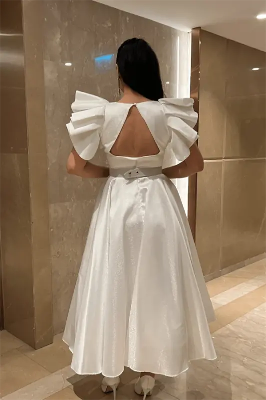 Taffeta Fabric Shoulder Ruffled Midi Dress - WHITE - 5