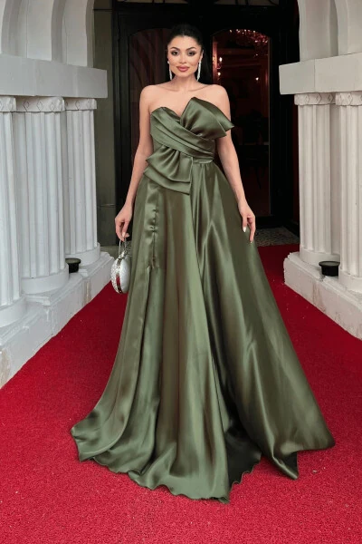 Taffeta Satin Bow Back String Detail Evening Dress - ARMY GREEN - GIYIMMASALI