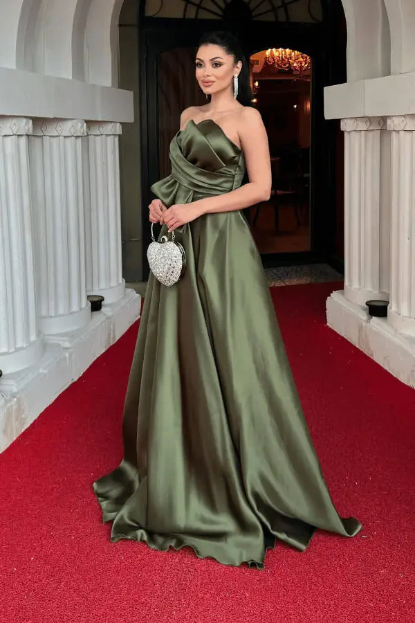 Taffeta Satin Bow Back String Detail Evening Dress - ARMY GREEN - 2