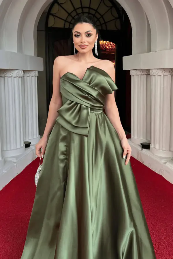 Taffeta Satin Bow Back String Detail Evening Dress - ARMY GREEN - 3