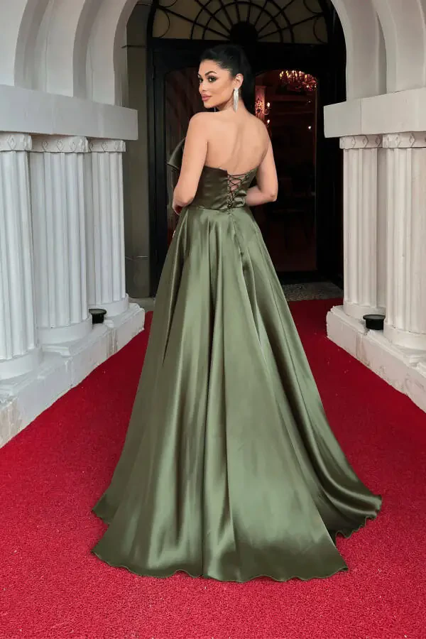 Taffeta Satin Bow Back String Detail Evening Dress - ARMY GREEN - 5
