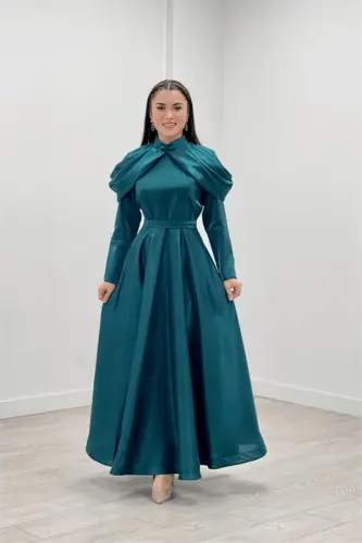 Taffeta Satin Fabric Evening Dress with Shoulder Detail - TURQUOISE - 1