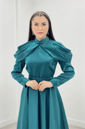 Taffeta Satin Fabric Evening Dress with Shoulder Detail - TURQUOISE - 3