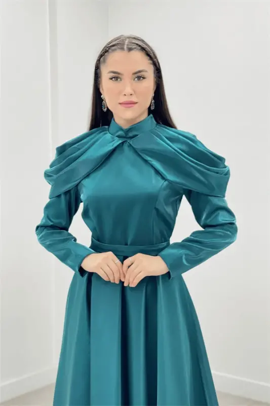 Taffeta Satin Fabric Evening Dress with Shoulder Detail - TURQUOISE - 3