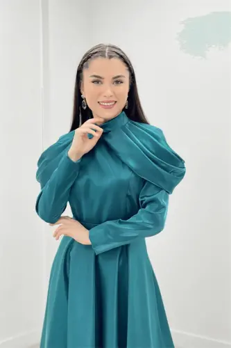 Taffeta Satin Fabric Evening Dress with Shoulder Detail - TURQUOISE - 4
