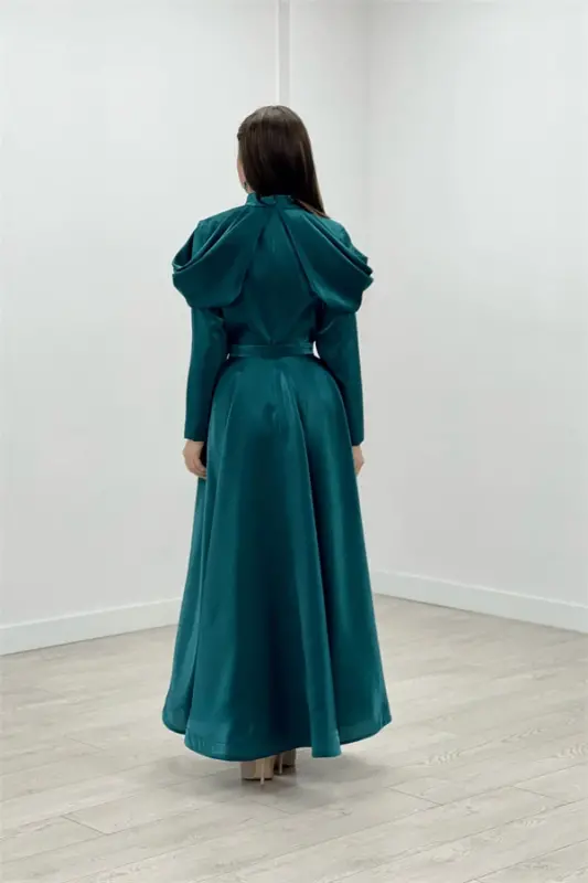 Taffeta Satin Fabric Evening Dress with Shoulder Detail - TURQUOISE - 5