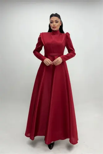 Taffeta Satin Fabric Gren Detail Evening Dress - BURGUNDY - BÜYÜKBEDENIZ (1)