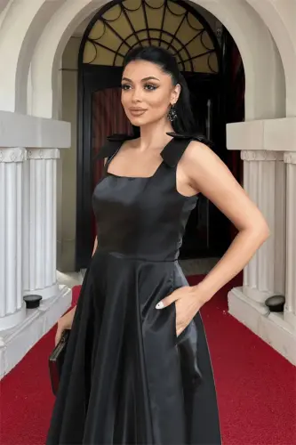 Taffeta Satin Fabric Midi Dress with Straps and Pockets - BLACK - 3