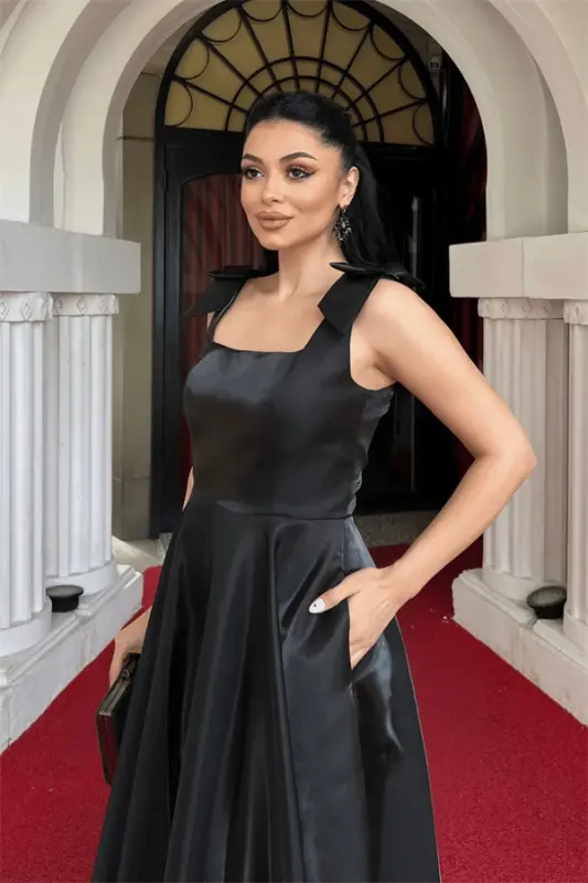 Taffeta Satin Fabric Midi Dress with Straps and Pockets - BLACK - 3