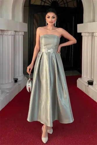 Taffeta Satin Fabric Strapless Midi Dress - KHAKI GREEN - 1