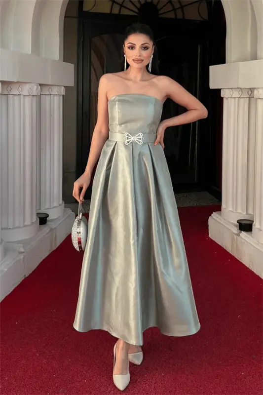 Taffeta Satin Fabric Strapless Midi Dress - KHAKI GREEN - BÜYÜKBEDENIZ