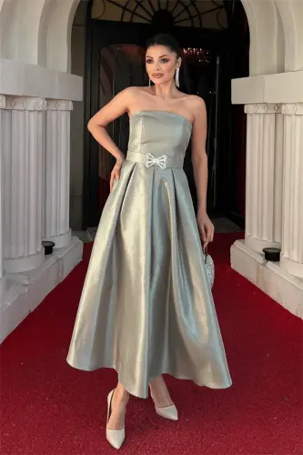 Taffeta Satin Fabric Strapless Midi Dress - KHAKI GREEN - BÜYÜKBEDENIZ (1)