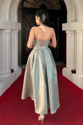Taffeta Satin Fabric Strapless Midi Dress - KHAKI GREEN - 5
