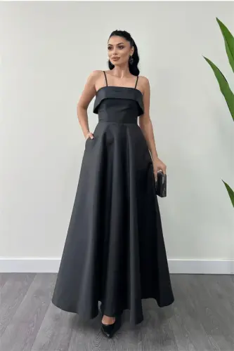 Taffeta Satin Fabric Strappy Evening Dress - BLACK - BÜYÜKBEDENIZ (1)