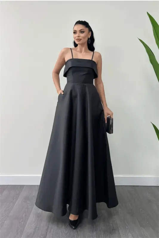 Taffeta Satin Fabric Strappy Evening Dress - BLACK - 2
