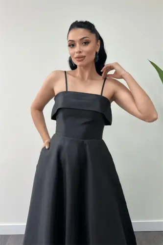 Taffeta Satin Fabric Strappy Evening Dress - BLACK - 3