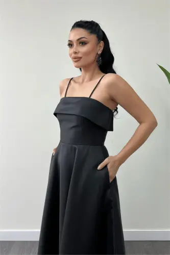 Taffeta Satin Fabric Strappy Evening Dress - BLACK - 4