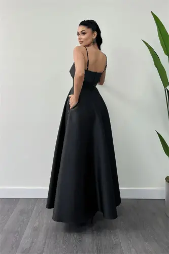 Taffeta Satin Fabric Strappy Evening Dress - BLACK - 5