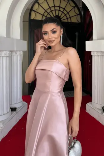 Taffeta Satin Fabric Strappy Evening Dress - CREAM - 4