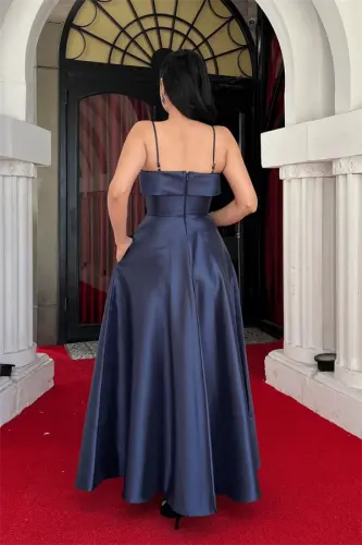 Taffeta Satin Fabric Strappy Evening Dress - NAVY BLUE - 5