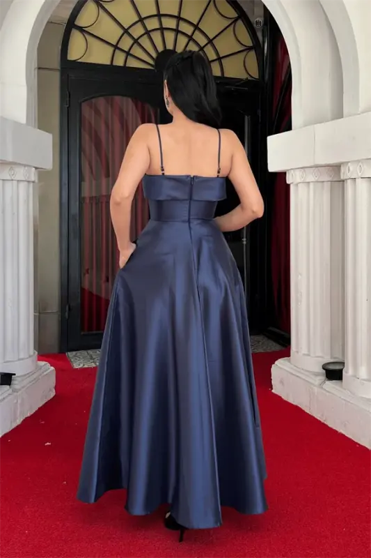 Taffeta Satin Fabric Strappy Evening Dress - NAVY BLUE - 5