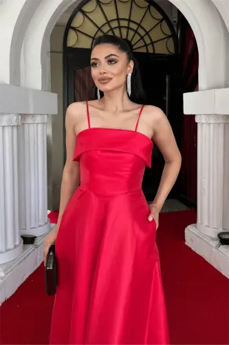 Taffeta Satin Fabric Strappy Evening Dress - RED - 3