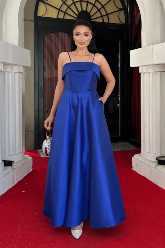 Taffeta Satin Fabric Strappy Evening Dress - SAPPHIRE BLUE - 1