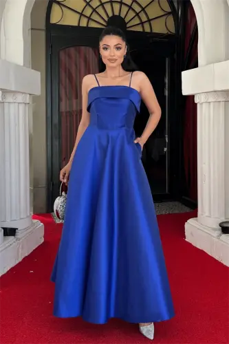 Taffeta Satin Fabric Strappy Evening Dress - SAPPHIRE BLUE - BÜYÜKBEDENIZ (1)
