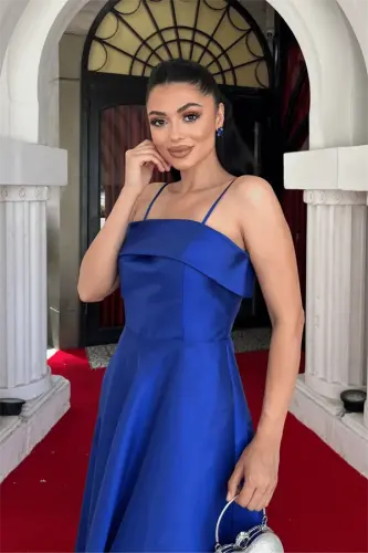 Taffeta Satin Fabric Strappy Evening Dress - SAPPHIRE BLUE - 3