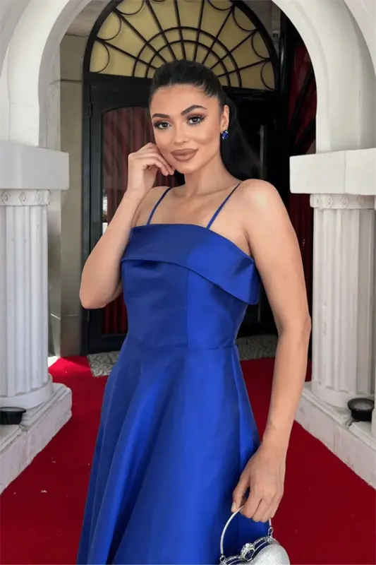 Taffeta Satin Fabric Strappy Evening Dress - SAPPHIRE BLUE - 3