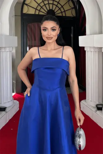 Taffeta Satin Fabric Strappy Evening Dress - SAPPHIRE BLUE - 4