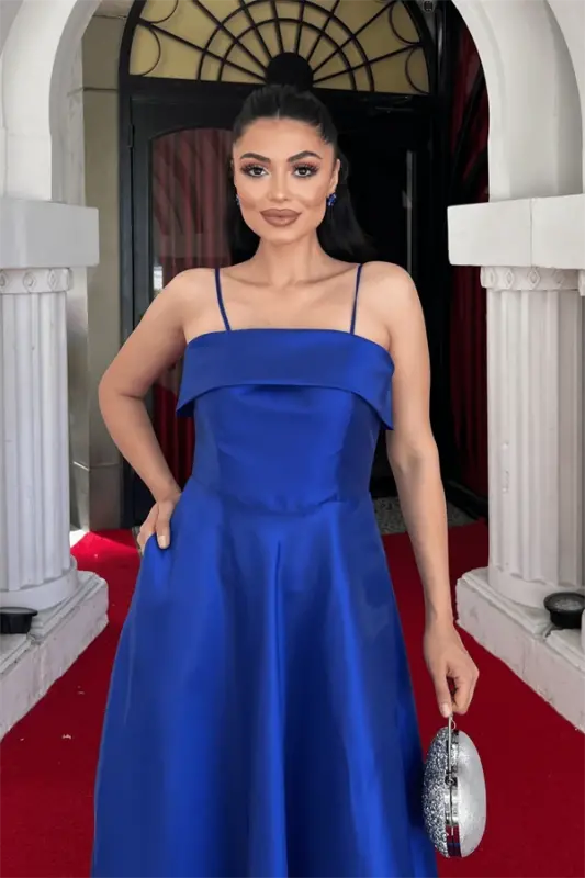Taffeta Satin Fabric Strappy Evening Dress - SAPPHIRE BLUE - 4