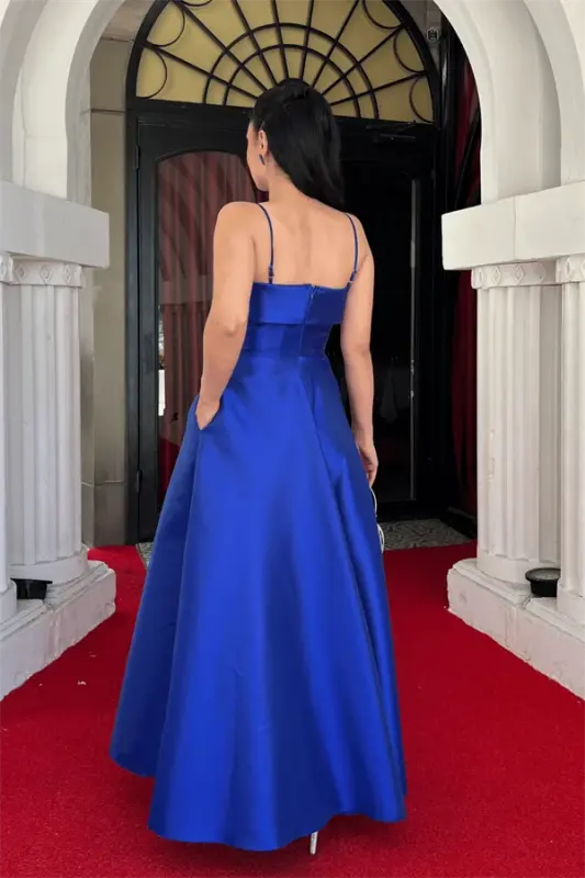 Taffeta Satin Fabric Strappy Evening Dress - SAPPHIRE BLUE - 5