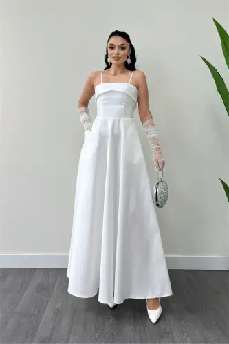 Taffeta Satin Fabric Strappy Evening Dress - WHITE - 1