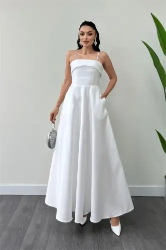 Taffeta Satin Fabric Strappy Evening Dress - WHITE - 2