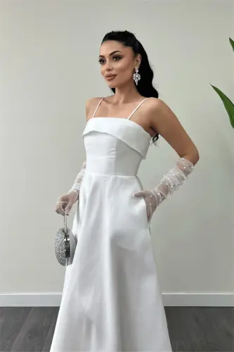 Taffeta Satin Fabric Strappy Evening Dress - WHITE - 3