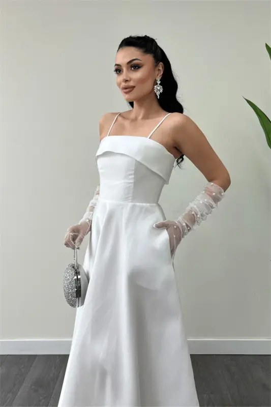 Taffeta Satin Fabric Strappy Evening Dress - WHITE - 3