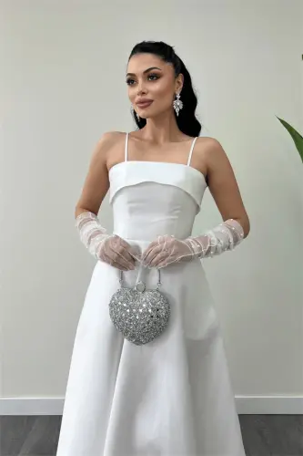 Taffeta Satin Fabric Strappy Evening Dress - WHITE - 4