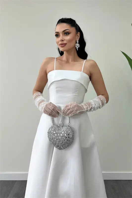 Taffeta Satin Fabric Strappy Evening Dress - WHITE - 4